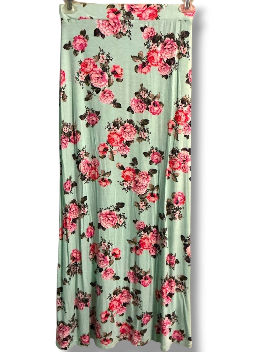 Charlotte Russe Mint Maxi Skirt with Pink Floral Print High Front Split - Picture 2 of 5